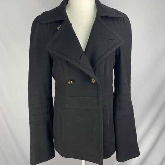 Guess Jeans of L.A. Wool blend black Pea coat plaid cotton lining women’s size M - Picture 1 of 17